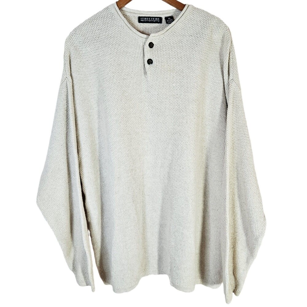Vintage Structure Waffle Knit Henley Sweater Men's XL Thermal Heavyweight Ramie‎